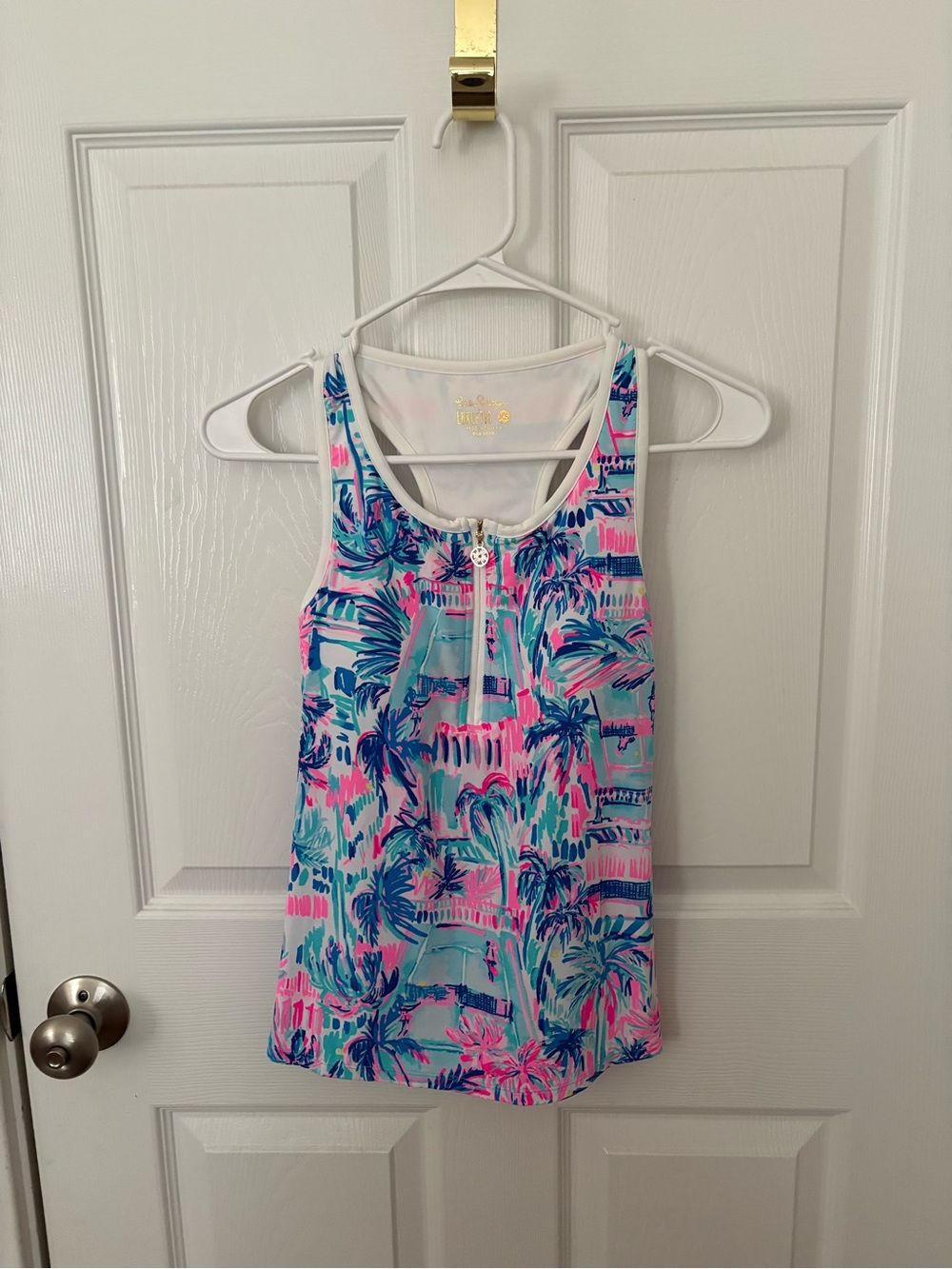 Lilly Pulitzer Pink & Blue Palm-Print Tank with Front Zip NWOT Never Worn